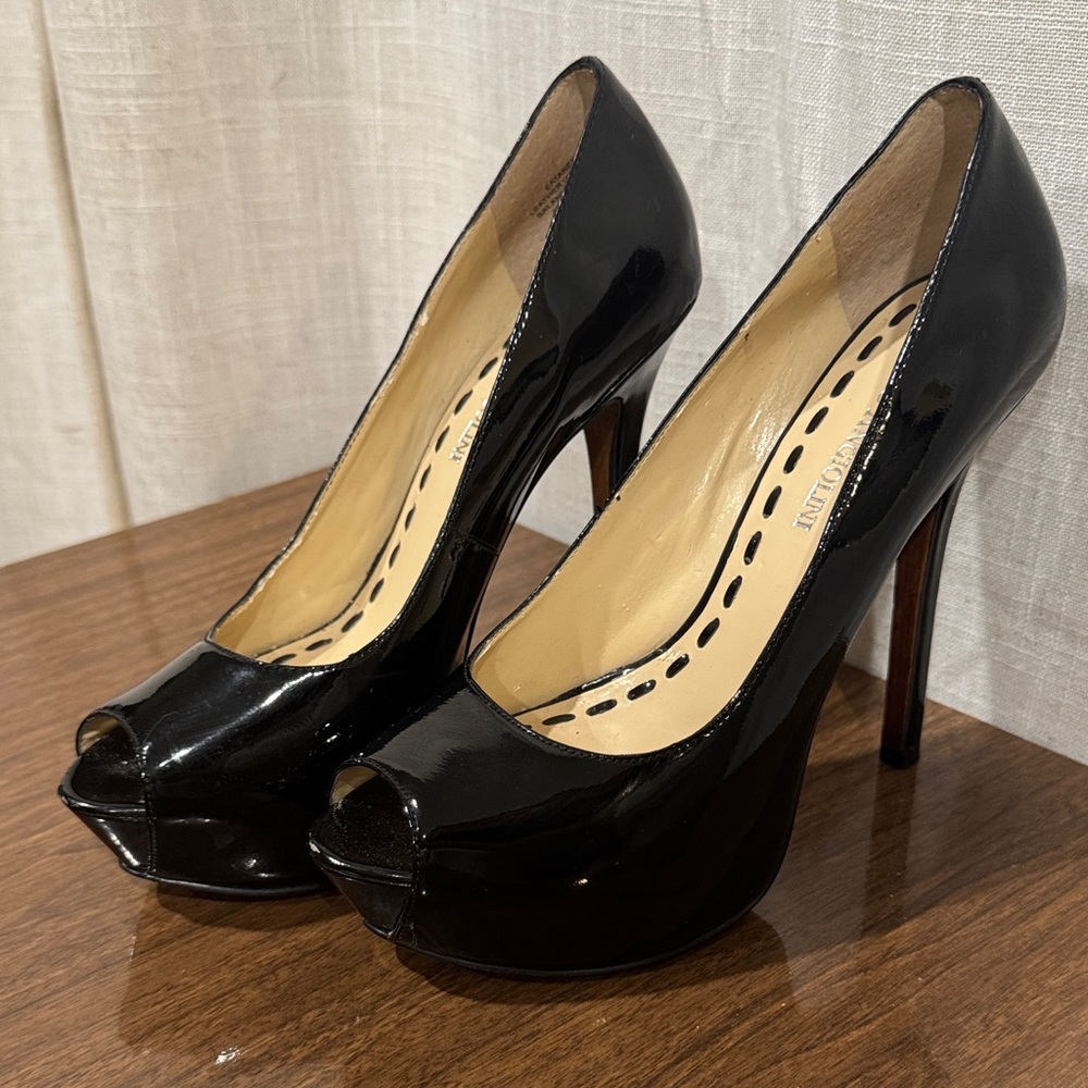 Enzo Angiolini Black Patent Peep-Toe Heels